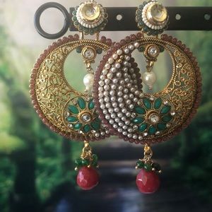 Hoop style green, gold and red Indian earrings
